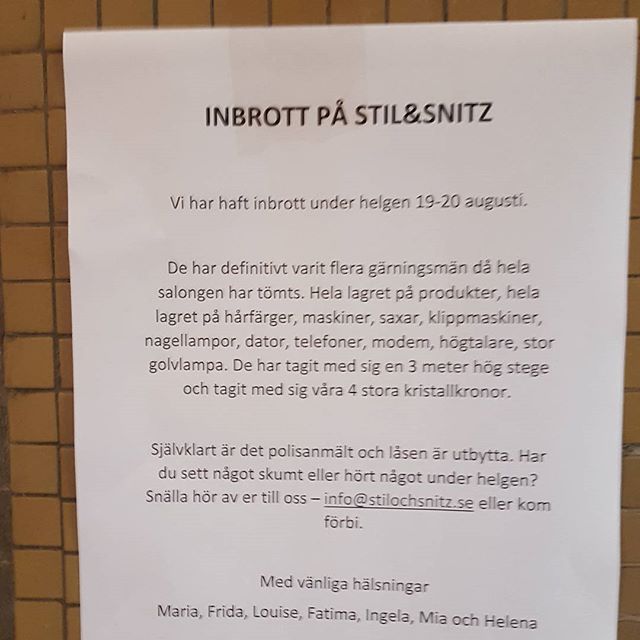 Det här är ju skit. Inte bara ett fult inbrott där man roffat åt sig prylar, de lyckades även montera ner och bära ut stora kristallkronor.#hållögonenöppna #inbrott #ångermannagatan #vällingby