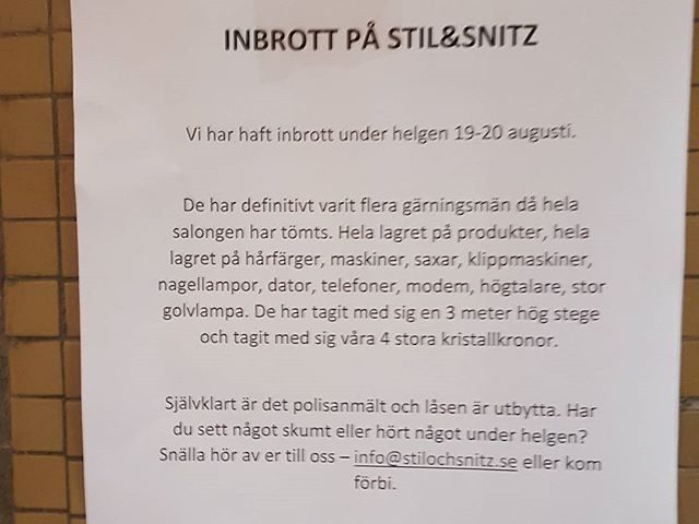 Det här är ju skit. Inte bara ett fult inbrott där man roffat åt sig prylar, de lyckades även montera ner och bära ut stora kristallkronor.#hållögonenöppna #inbrott #ångermannagatan #vällingby